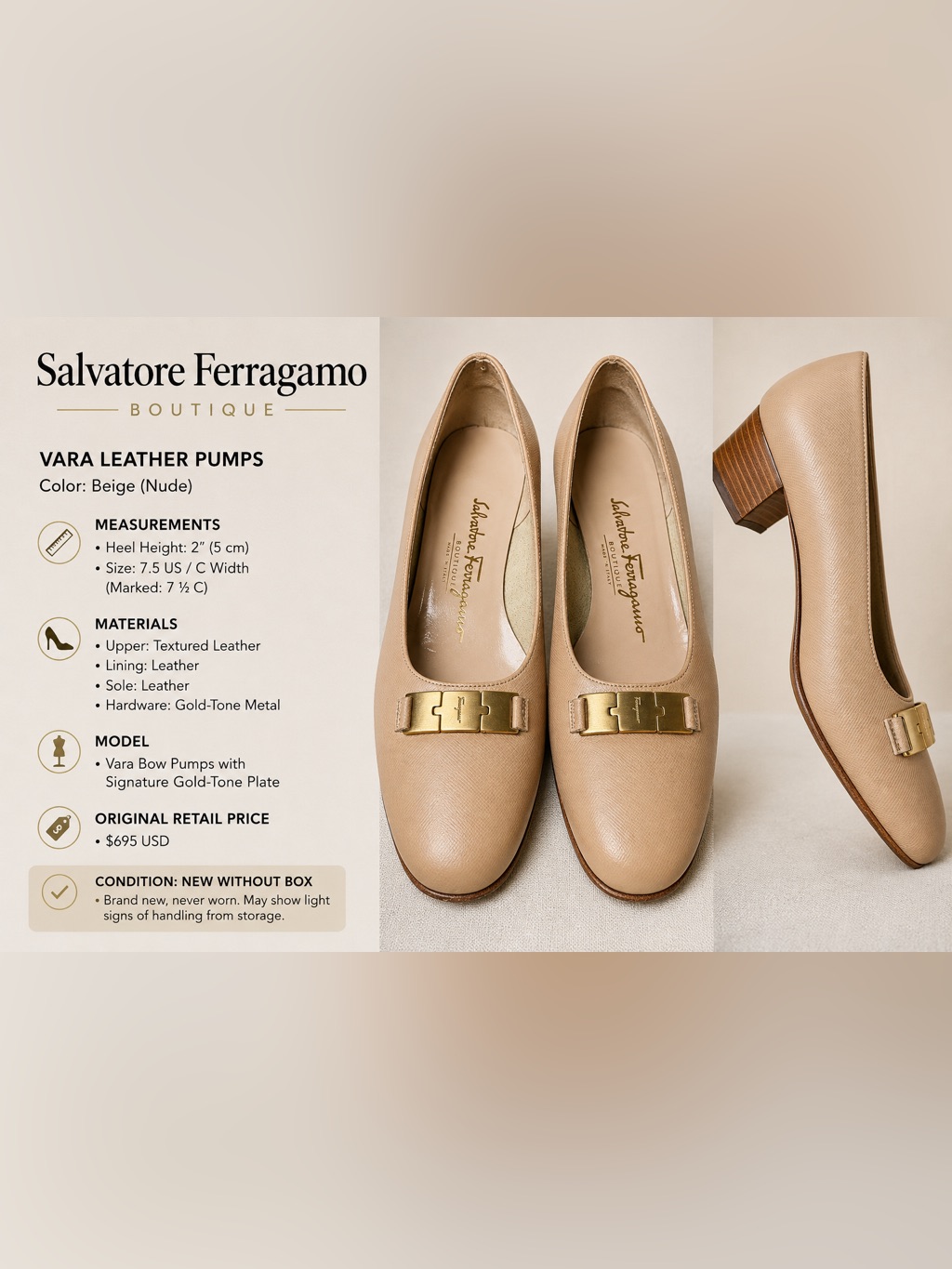 Salvatore Ferragamo Boutique Gancini Leather Block Heel Nude 7.5 C Made In Italy